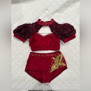 Burgundy and gold dance costume w/ puff sleeves